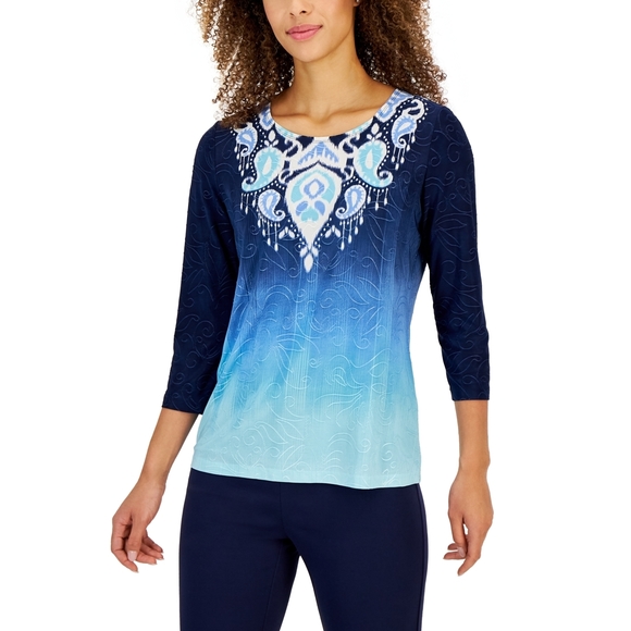 JM Collection Blue Ikat 3/4 Sleeve Top - Women's Size M - Blouse - Picture 1 of 1